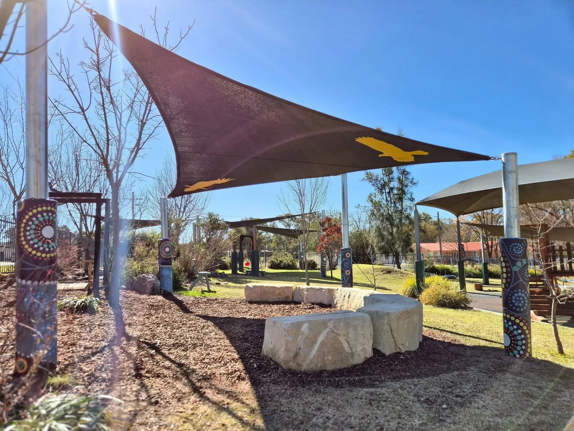 Shade sails with padded post protection over a childcare playground - New England Shade Sails, Tamworth